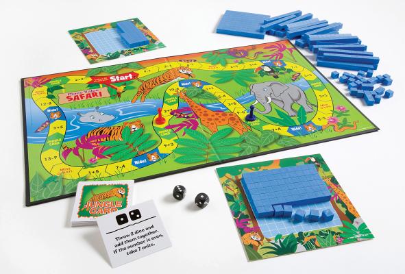 Place Value Safari: Discovering Ones, Tens, and Hundreds! [With 2 Six-Sided Dice and 4 Safari Boards, 15 Jungle Cards, 4 Counters and Jungle Playing B Cover Image