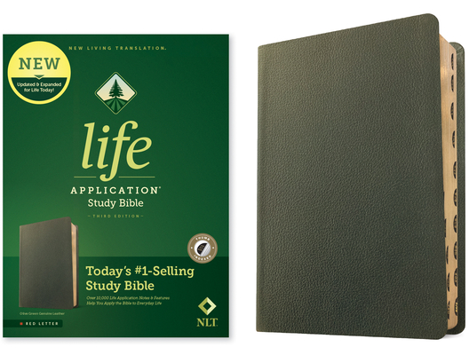 NLT Life Application Study Bible, Third Edition (Genuine Leather, Olive Green, Indexed, Red Letter) Cover Image