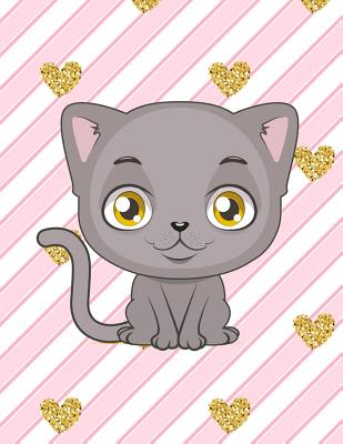 Notebook: Cute Grey Cat, Gold & Pink Stripes Glitter Heart Girly Notebook, Large Size - Letter, Wide Ruled By Pinkcrushed Notebooks Cover Image