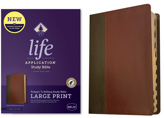 NKJV Life Application Study Bible, Third Edition, Large Print (Leatherlike, Brown/Mahogany, Indexed, Red Letter) Cover Image
