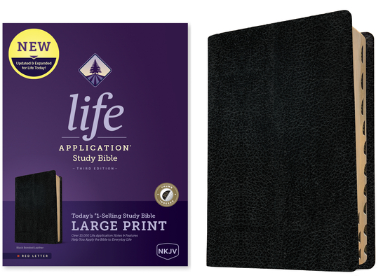 NKJV Life Application Study Bible, Third Edition, Large Print (Bonded Leather, Black, Indexed, Red Letter) Cover Image