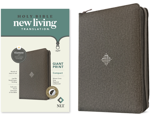 NLT Compact Giant Print Zipper Bible, Filament-Enabled Edition, Zipper (Leatherlike, Woven Cross Gray, Indexed, Red Letter) By Tyndale (Created by) Cover Image