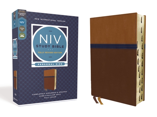 NIV Study Bible, Fully Revised Edition, Personal Size, Leathersoft, Brown/Blue, Red Letter, Thumb Indexed, Comfort Print Cover Image