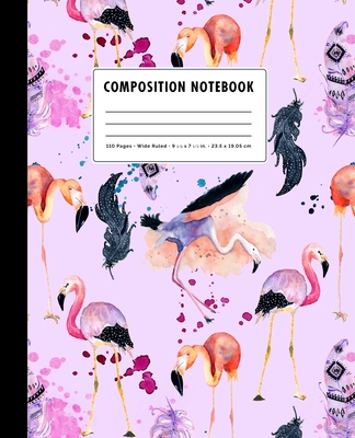 Composition Notebook: Lavender + Hot Pink Watercolor Flamingo Feather Pattern Cover Wide Ruled Cover Image