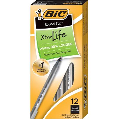 Bic Round Stic Xtra-Life Ballpoint Pen, Medium Point, 1.0mm, Black Ink, Dozen (Gsm11bk) Cover Image