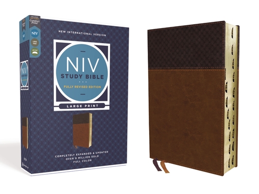 NIV Study Bible, Fully Revised Edition, Large Print, Leathersoft, Brown, Red Letter, Thumb Indexed, Comfort Print Cover Image