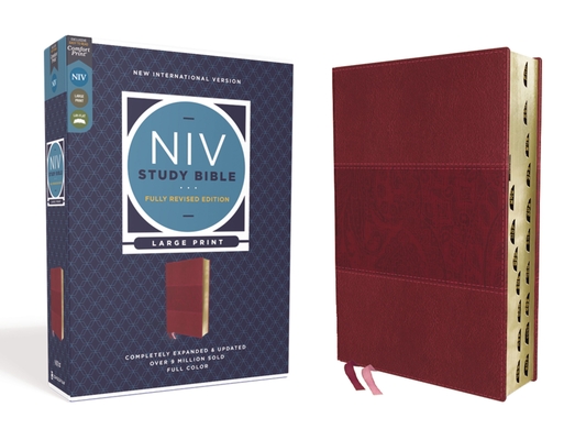 NIV Study Bible, Fully Revised Edition, Large Print, Leathersoft, Burgundy, Red Letter, Thumb Indexed, Comfort Print Cover Image