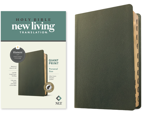 NLT Personal Size Giant Print Bible, Filament-Enabled Edition (Genuine Leather, Olive Green, Indexed, Red Letter) Cover Image