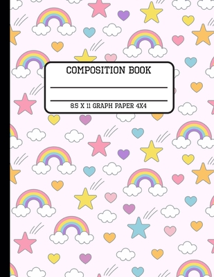 Composition Book Graph Paper 4x4: Cute Pink Rainbow Back to School Quad Writing Notebook for Students and Teachers in 8.5 x 11 Inches Cover Image