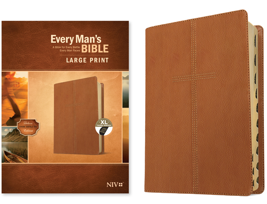 Every Man's Bible Niv, Large Print (Leatherlike, Cross Saddle Tan, Indexed) Cover Image