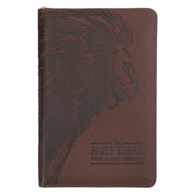 KJV Holy Bible, Standard Size Faux Leather Red Letter Edition - Thumb Index & Ribbon Marker, King James Version, Brown Lion Zipper Closure Cover Image