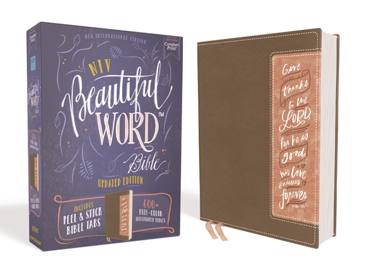 Niv, Beautiful Word Bible, Updated Edition, Peel/Stick Bible Tabs, Leathersoft, Brown/Pink, Red Letter, Comfort Print: 600+ Full-Color Illustrated Ver By Zondervan Cover Image