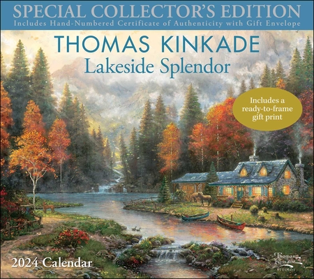 Thomas Kinkade Special Collector's Edition 2024 Deluxe Wall Calendar with Print: Lakeside Splendor Cover Image