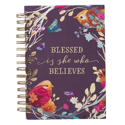 Large Hardcover Journal Blessed Is She Who Believes Floral Bird Eggplant Inspirational Wire Bound Notebook W/192 Lined Pages Cover Image