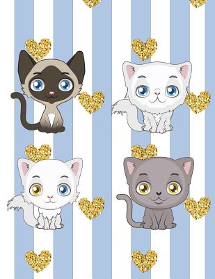 Notebook: Cute Cats, Light Blue Stripes, Gold Hearts, Composition Notebook For Girls, Large Size - Letter, Wide Ruled By Pinkcrushed Notebooks Cover Image