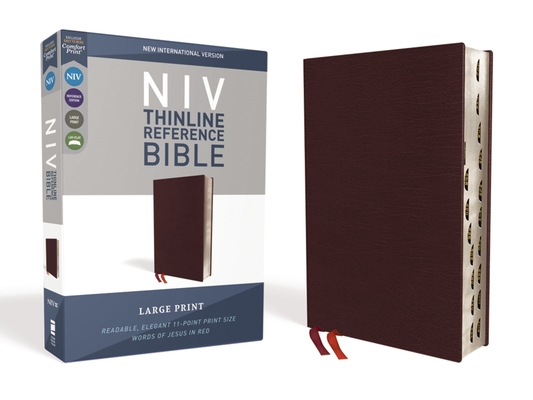 NIV, Thinline Reference Bible, Large Print, Bonded Leather, Burgundy, Red Letter Edition, Indexed, Comfort Print Cover Image