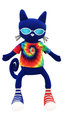 Pete the cat: a blue cat with long arms and legs. He wears one blue sneaker and one red sneaker, a tie-dye shirt, and shiny sunglasses