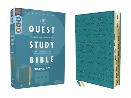 Niv, Quest Study Bible, Personal Size, Leathersoft, Teal, Thumb Indexed, Comfort Print: The Only Q and A Study Bible By Christianity Today Intl (Editor), Zondervan Cover Image