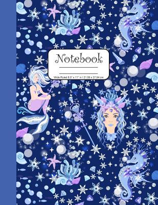 Notebook Wide Ruled 8.5" x 11" in / 21.59 x 27.94 cm: Composition Book, Blue and Purple Mermaids, Seahorses and Shells Cover with Seashells, C862