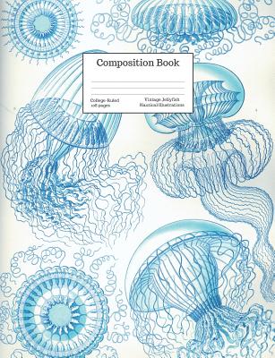 Composition Book College-Ruled Vintage Jellyfish Nautical Illustrations: Floating Blue Line Art Jellyfish Drawings Cover (Back to School #28) Cover Image