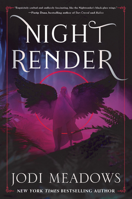 cover art Nightrender by Jodi Meadows. A figure with dark feathered wings and a flowing cloak stands silhouetted in front of a glowing fuschia ring. The setting is a dark forest scene with deciduous trees and ferns, lit in pinks and purples.