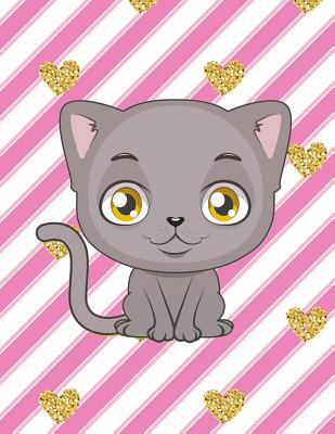 Notebook: Cute Grey Cat, Gold & Purple Stripes Glitter Heart Girly Notebook, Large Size - Letter, Wide Ruled By Pinkcrushed Notebooks Cover Image