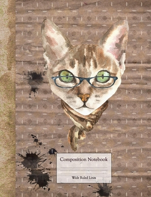 Composition Book - Wide Ruled LInes: Cute Cat with Glasses and Grunge Background Cover Image