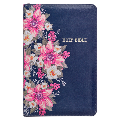 KJV Holy Bible Standard Size Faux Leather Red Letter Edition - Thumb Index & Ribbon Marker, King James Version, Blue Floral, Zipper Closure By Christian Art Gifts (Created by) Cover Image