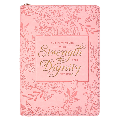 Christian Art Gifts Scripture Journal Pink Strength & Dignity Proverbs 31:25 Bible Verse Inspirational Faux Leather Notebook, Zipper Closure, 336 Rule Cover Image