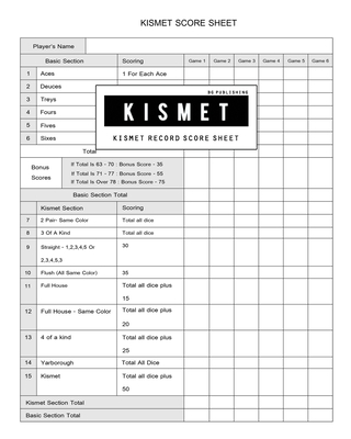 BG Publishing Kismet Score Sheet: Kismet Scoring Game Record Level Keeper Book for Score Pad Makes It Easy To Keep Track of Scores For The Game Kismet By Bg Publishing Cover Image