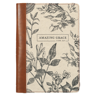 Christian Art Gifts Scripture Journal Brown/Cream Floral Printed Amazing Grace 2 Cor. 12:9 Bible Verse Inspirational Faux Leather Notebook, Zipper Clo