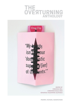 The Overturning book cover is whie with a pink paper stitched like a football in pink.