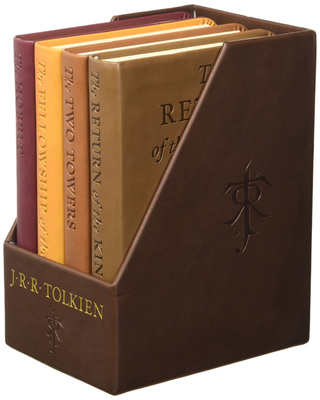 Photo: a set of four books (The Hobbit, and three Lord of the Rings books) in a case. Across the front of the case is written: J. R. R. Tolkien. The books in the case are muted red, yellow, orange, and brown. 