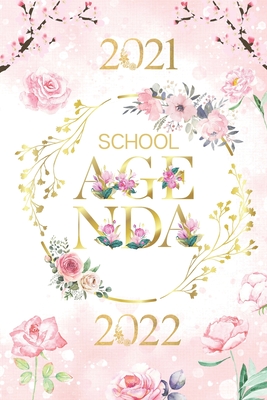School Agenda 2021-2022: pink gold Flowers roses cherry tree watercolor weekly monthly and daily Planner for elementary primary middle and high
