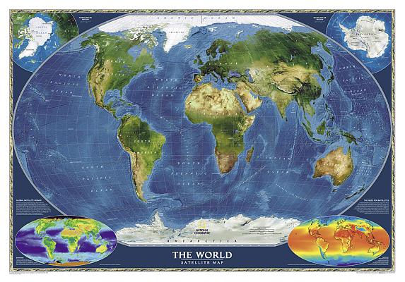 National Geographic World Satellite Wall Map (43.5 X 30.5 In) (National Geographic Reference Map)