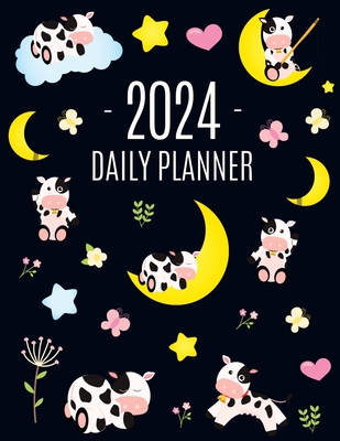 Cow Planner 2024: Cute 2024 Daily Organizer: January-December (12 Months) Pretty Farm Animal Scheduler With Calves, Moon & Hearts Cover Image