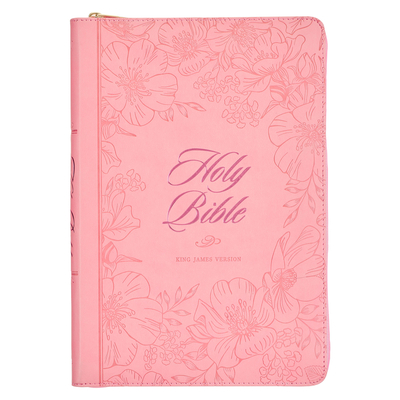 KJV Holy Bible, Thinline Large Print Faux Leather Red Letter Edition - Thumb Index & Ribbon Marker, King James Version, Pink, Zipper Closure Cover Image