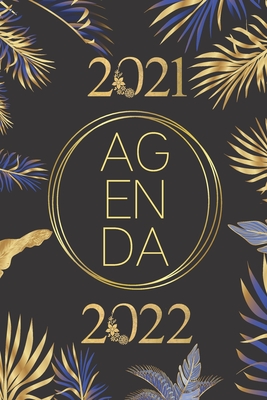 Agenda 2021-2022: Flowers and leaves pattern blue gold black weekly monthly and daily planner for elementary primary middle and high sch Cover Image