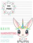 Handwriting Practice Paper: Pink Green Blue Unicorn Kindergarten Workbook Notebook with Dotted Sheets for K-3 Students 100 Pages 8.5x11 Cover Image