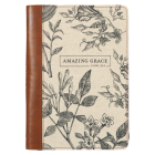 Christian Art Gifts Scripture Journal Brown/Cream Floral Printed Amazing Grace 2 Cor. 12:9 Bible Verse Inspirational Faux Leather Notebook, Zipper Clo Cover Image